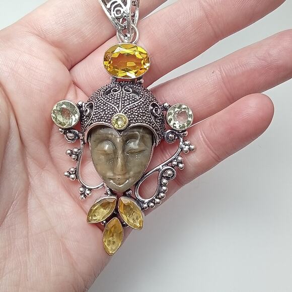Sterling Silver Bali Goddess Pendant with Citrine and Prasiolite Gems - Picture 9 of 9